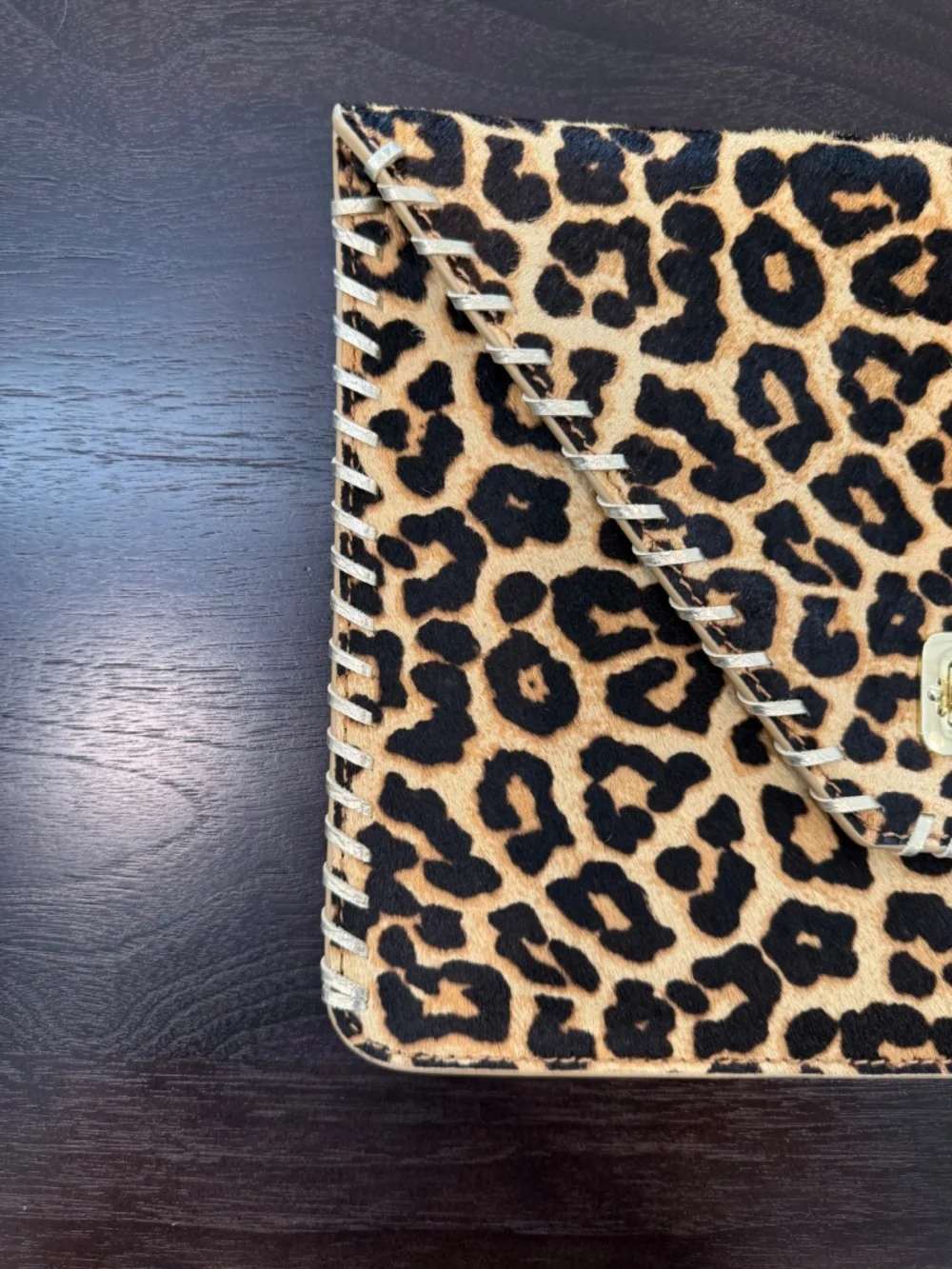 Leopard Calf Hair Envelope Clutch Gold Metallic Trim Bamboo Turn Lock